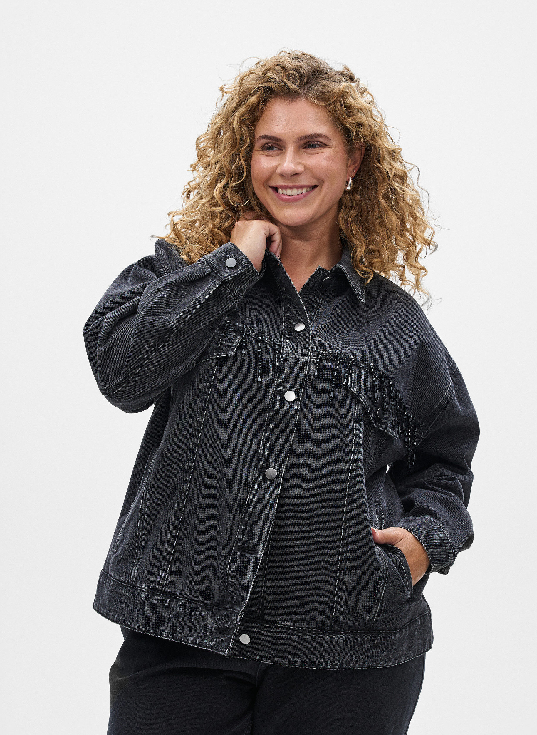 Spijkerjack met parelfranjes, Grijs, Model