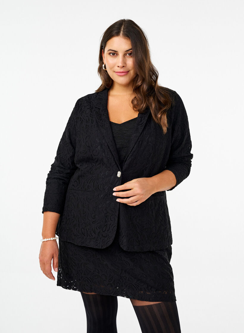 Blazer en dentelle avec poches, Black, Model image number 0