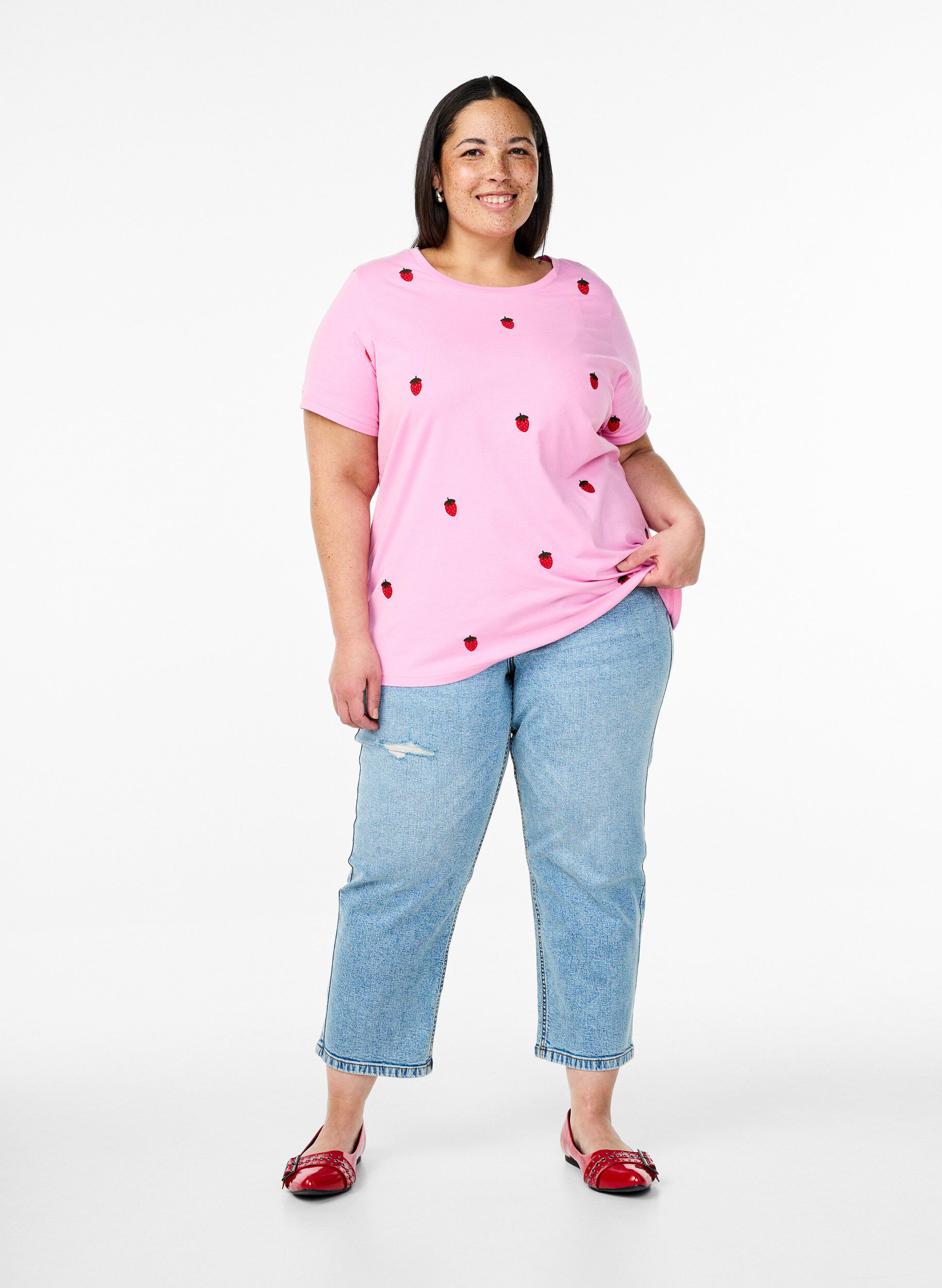 ZizziT-shirt in biologisch katoen met geborduurde motieven, Roze, Model image number 1