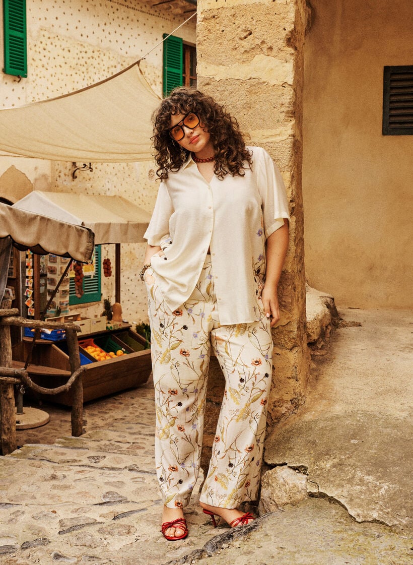 High-waist viscose broek met bloemenprint, Beige, Image image number 0