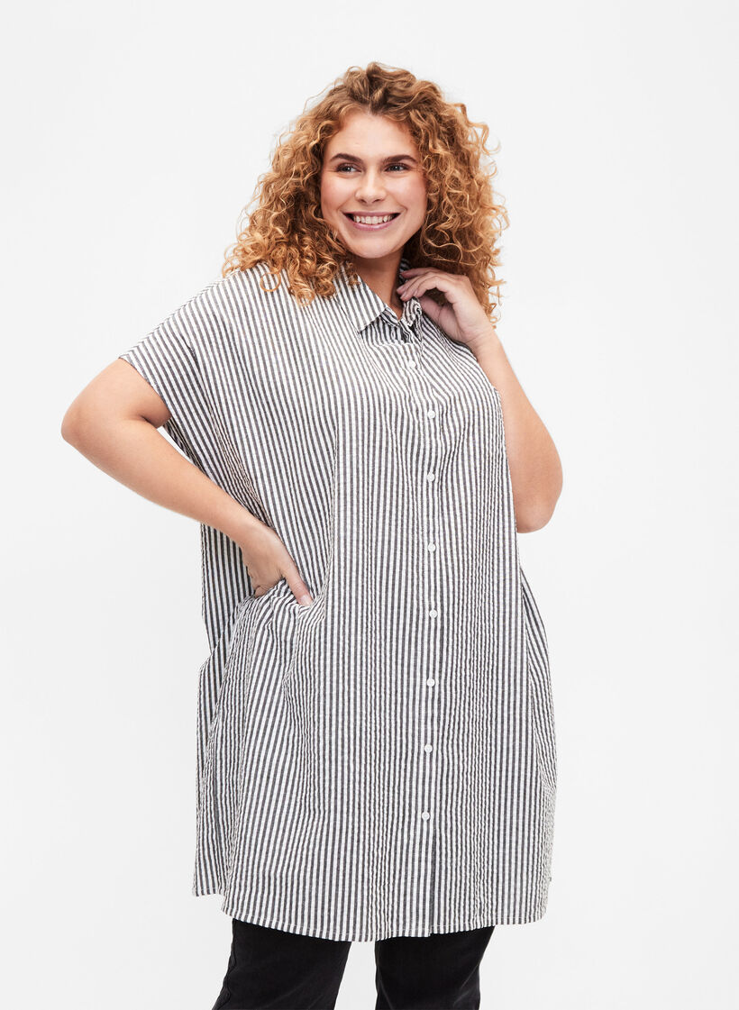 Chemise longue à rayures en coton, Black, Model image number 0