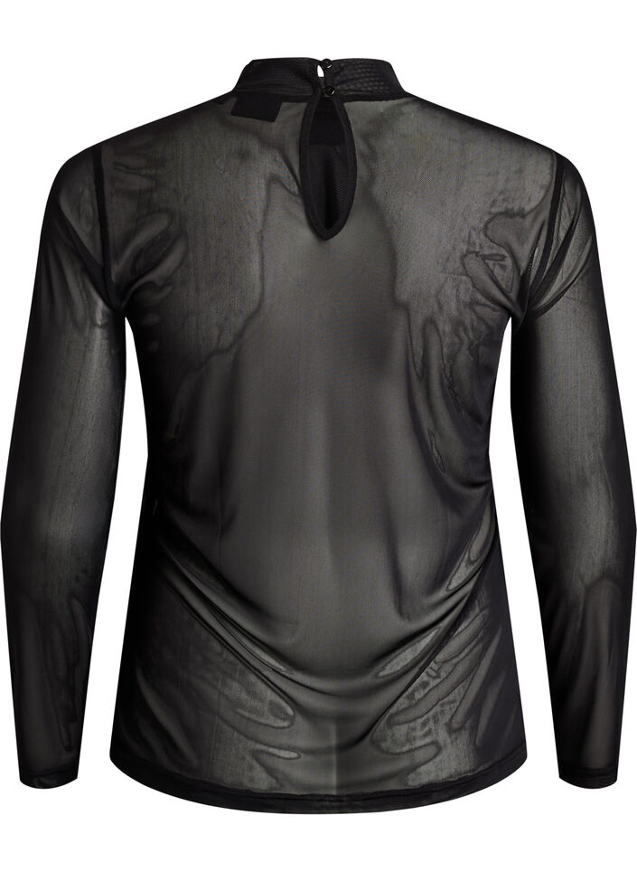 Getailleerde blouse van mesh met lange mouwen, Zwart, Packshot image number 1