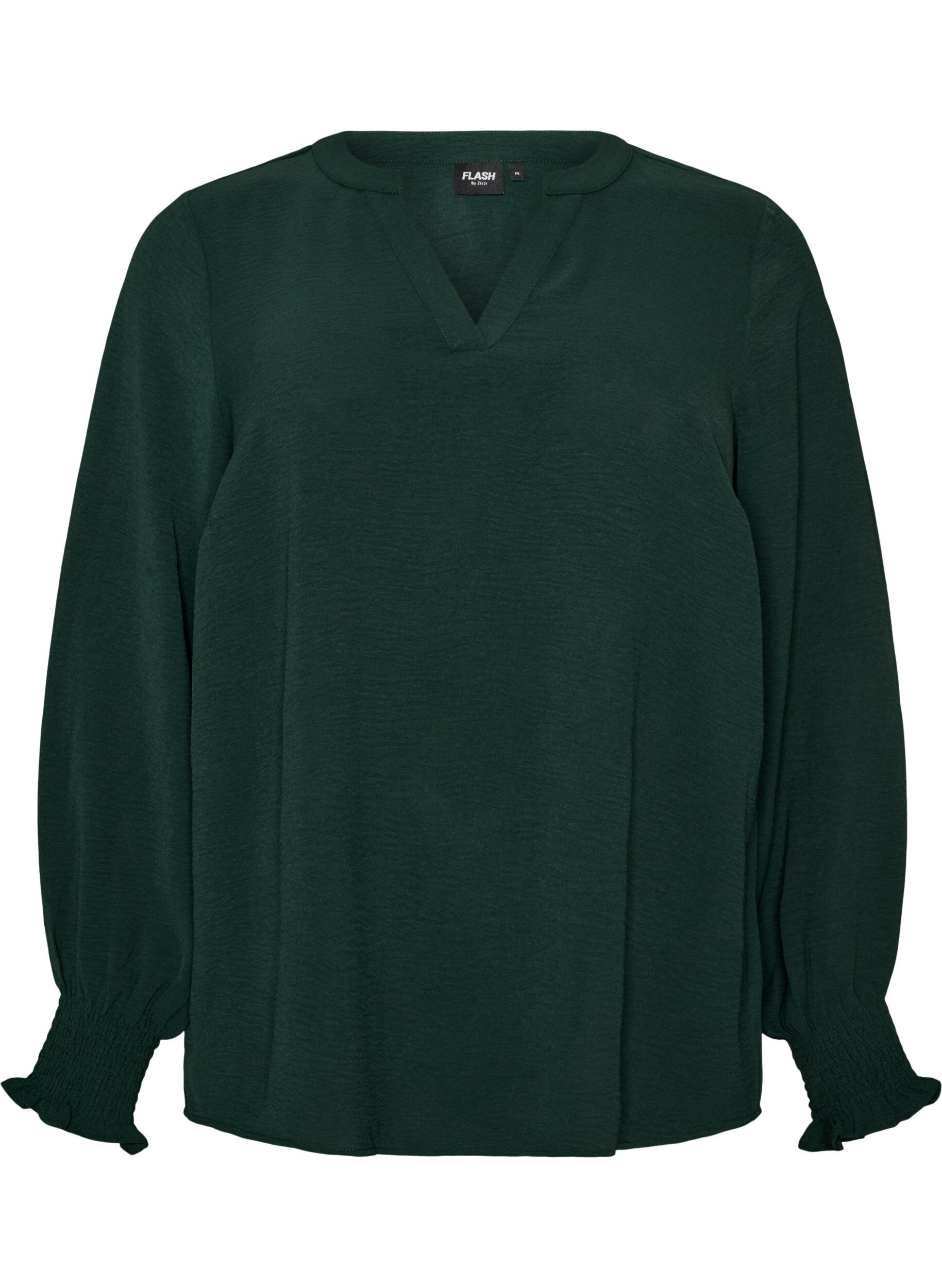 ZizziBlouse met smockmanchetten en V-hals, Groen, Packshot image number 0