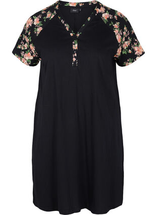 Chemise de nuit en coton à manches courtes avec détails imprimés, Black Flower, Packshot image number 0
