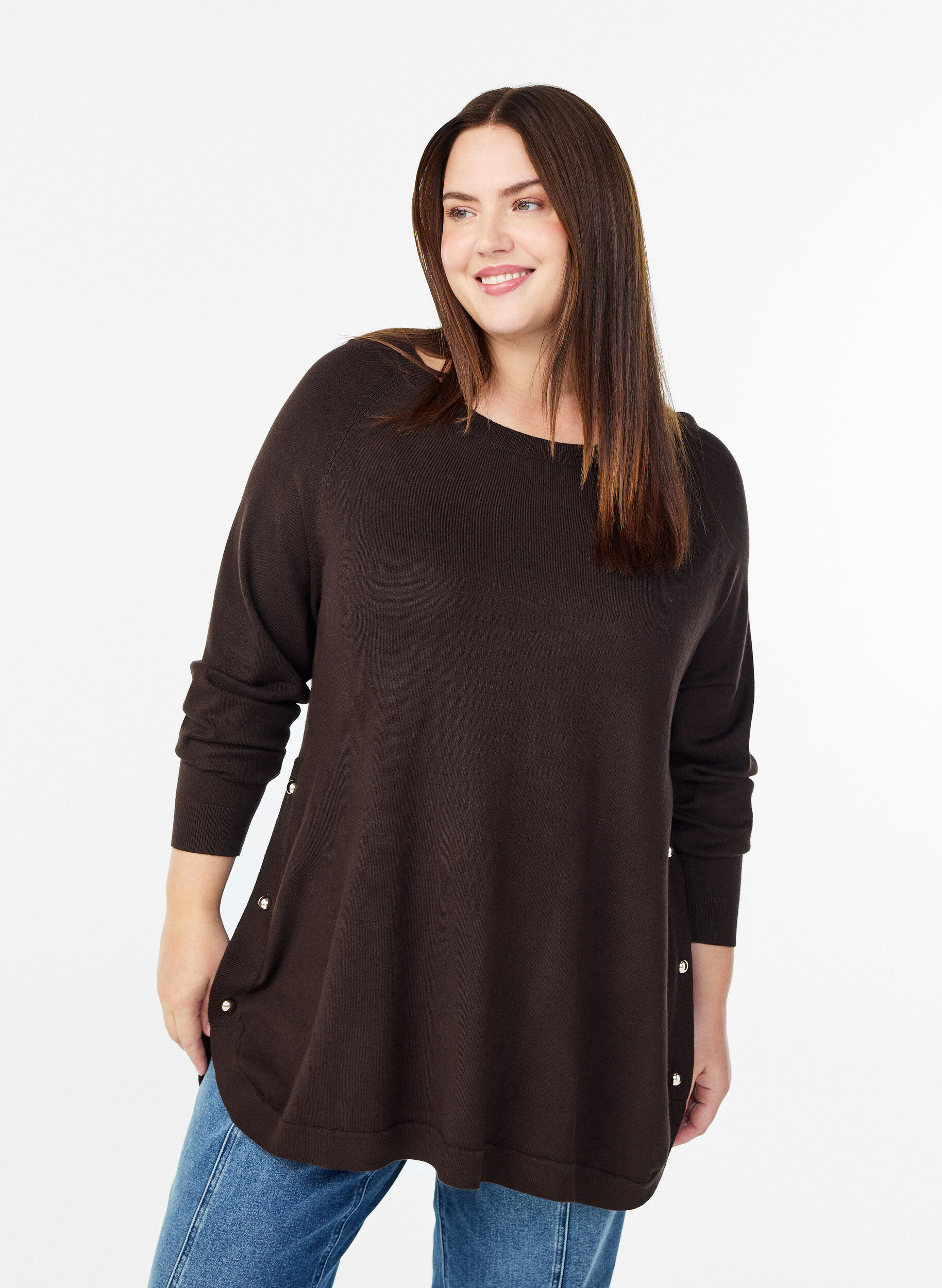 ZizziGebreide blouse met knoopsluiting aan de zijkant, Bruin, Model image number 0