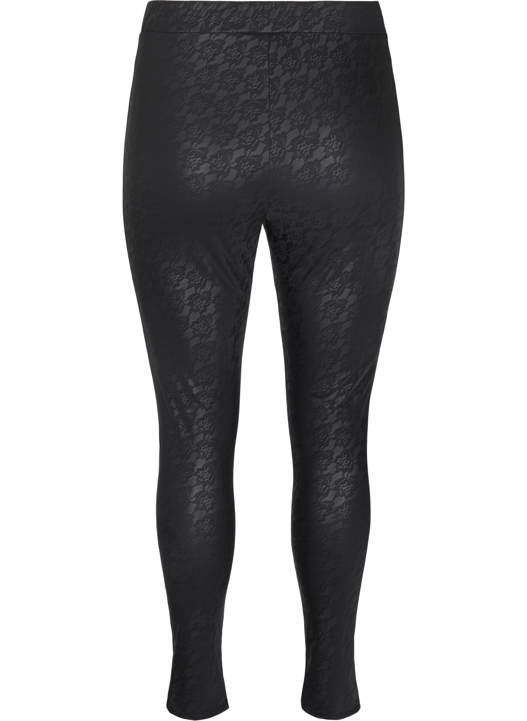 ZizziImitatieleer legging met kantstructuur, Zwart, Packshot image number 1