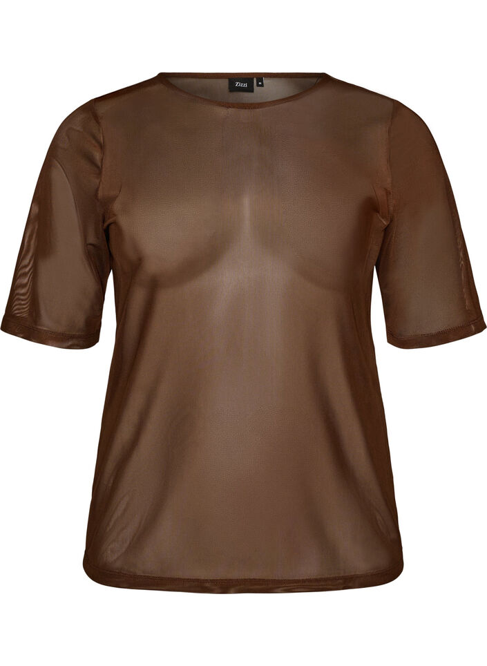 Top en maille avec manches courtes et col rond, Marron, Packshot image number 0