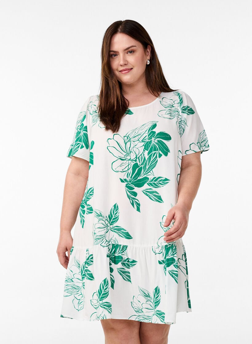Viscose jurk met snijlijn, Groen, Model image number 0