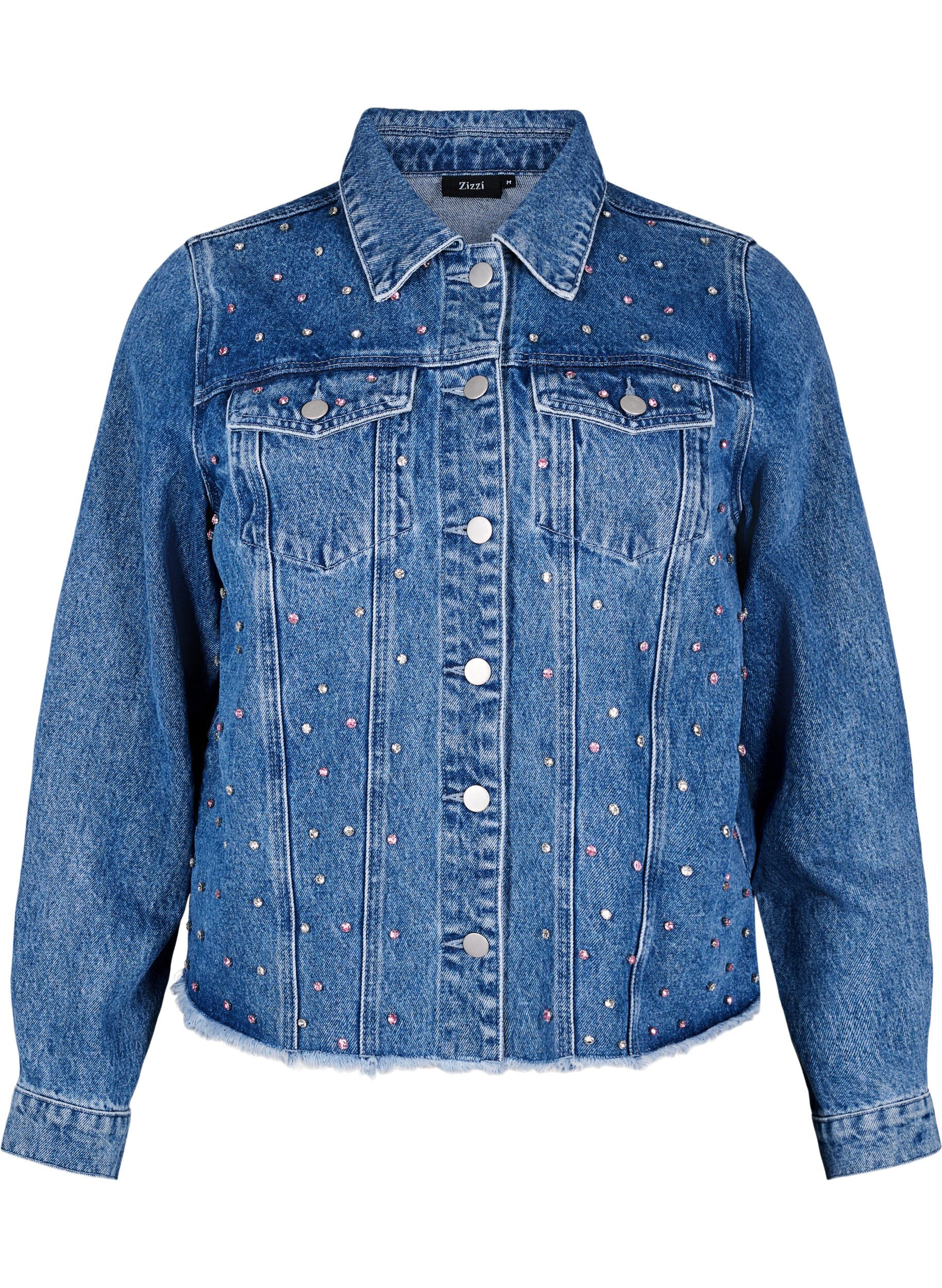 Zizzi Veste en jean &agrave; strass avec un ourlet brut, Bleu, Packshot image number 0