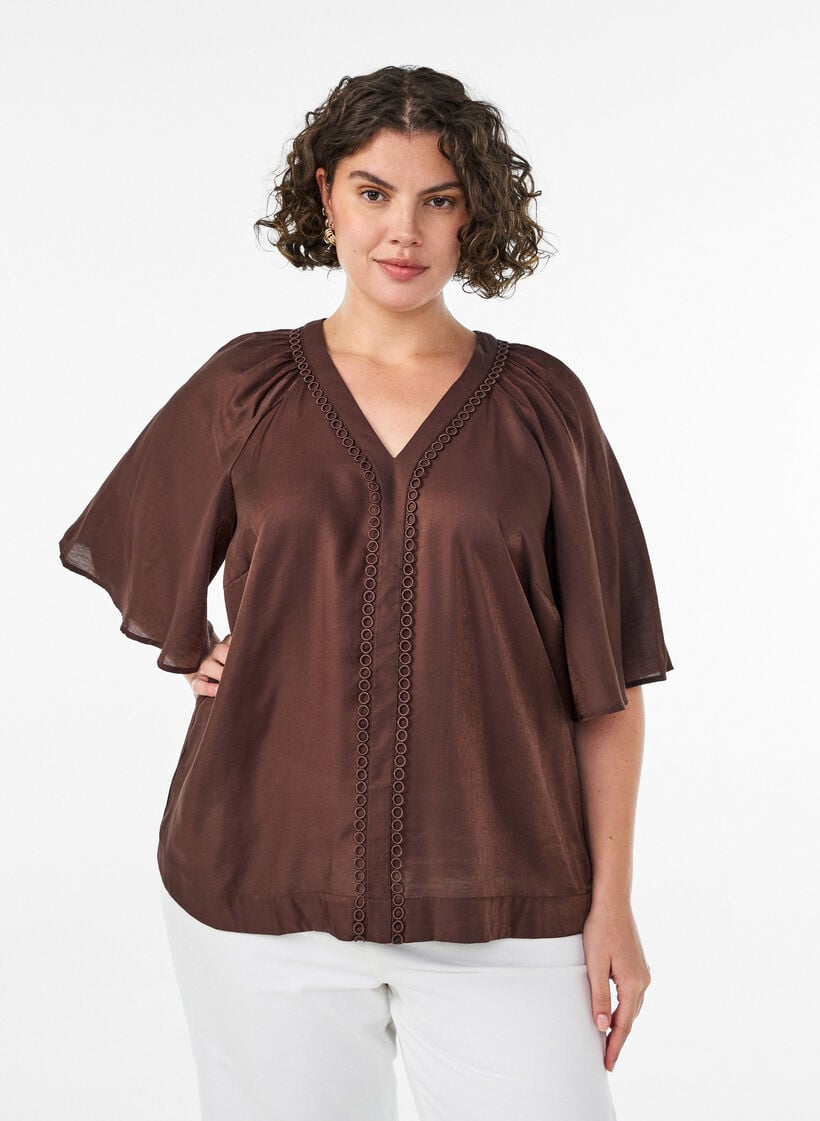 Viscose blouse met V-hals en decoratieve details, Bruin, Model image number 0