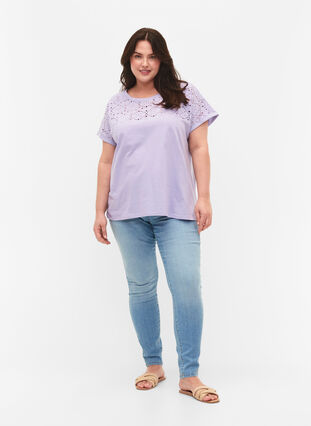 Los t-shirt met borduursel anglaise, Lavender, Model image number 1