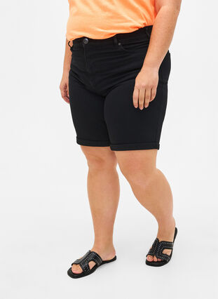 Korte spijkerbroek met strakke pasvorm en hoge taille, Black, Model image number 2