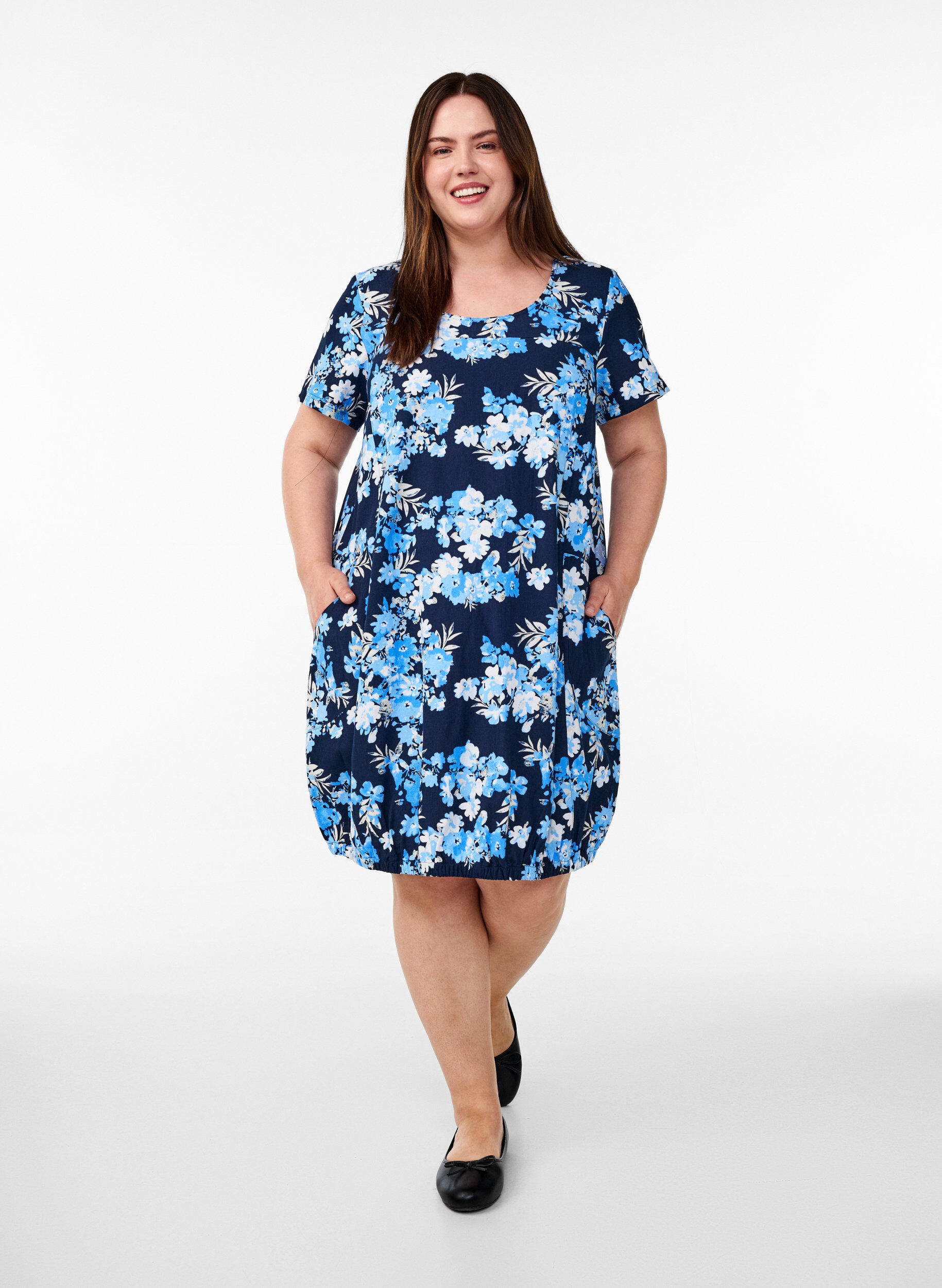 ZizziRobe en coton &agrave; manches courtes avec imprim&eacute;, Bleu, Model image number 1