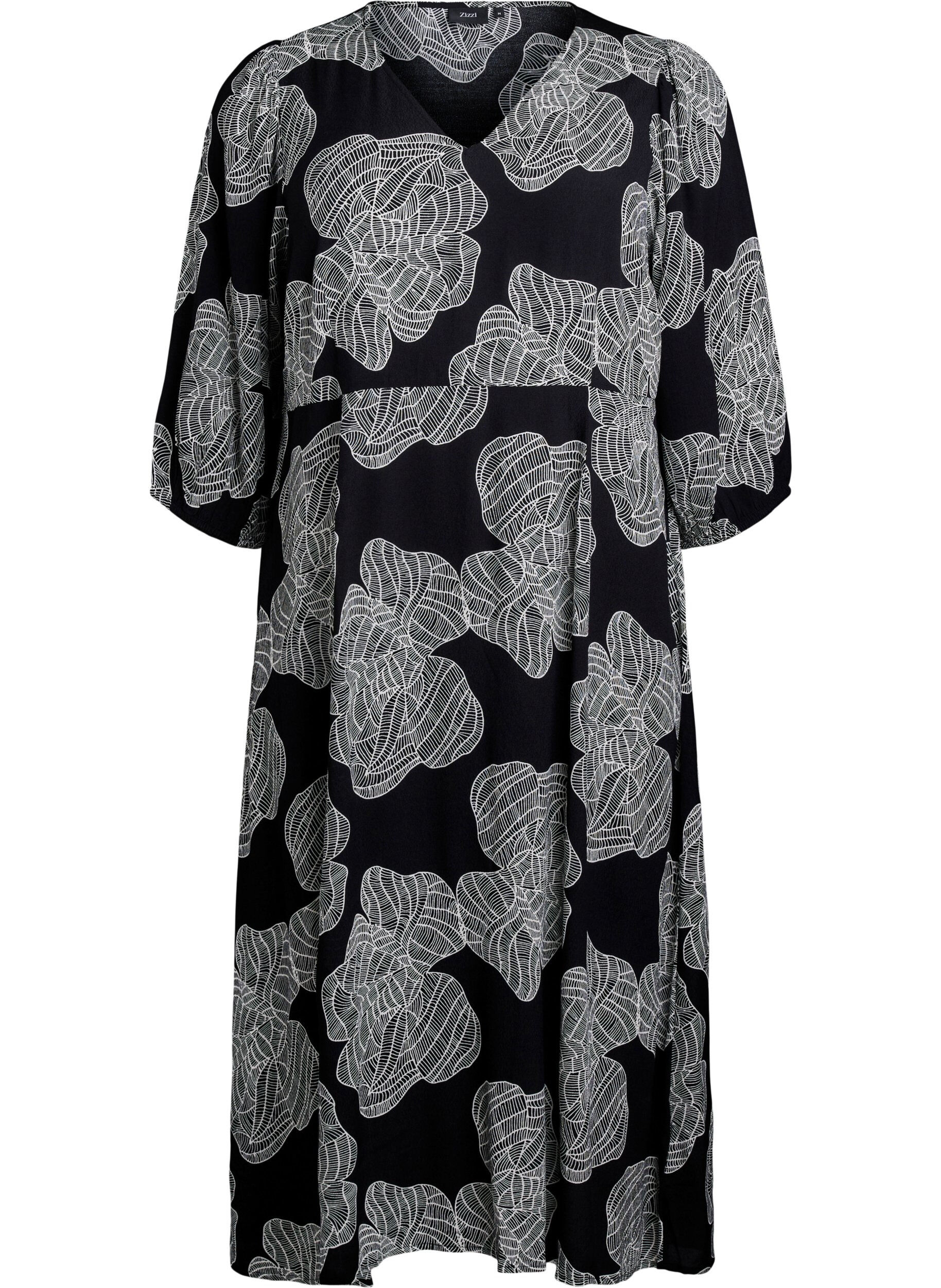Zizzi Robe mi-longue avec imprim&eacute; floral et manches 3/4, Noir, Packshot image number 0
