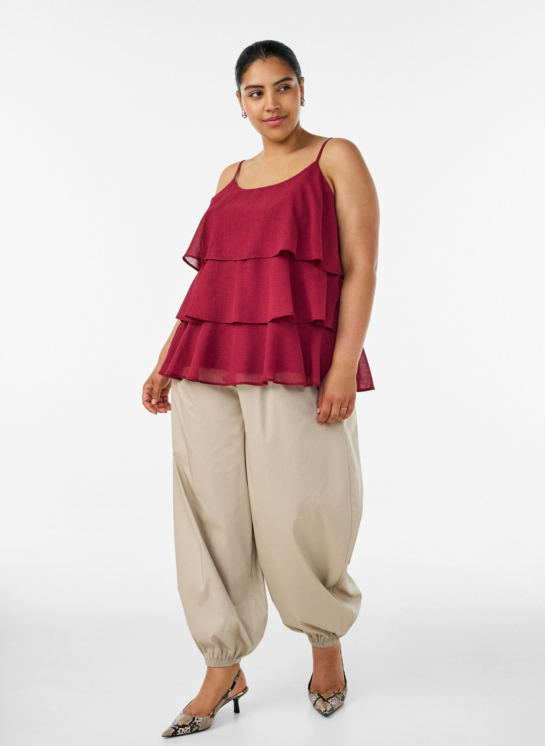 Pantalon ballon avec poches et ceinture &eacute;lastique, Beige, Model