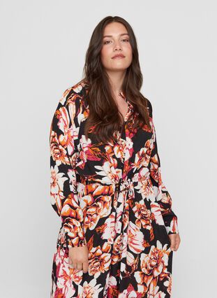 Viscose midi-jurk met bloemenprint, Black Big Flower, Model image number 2