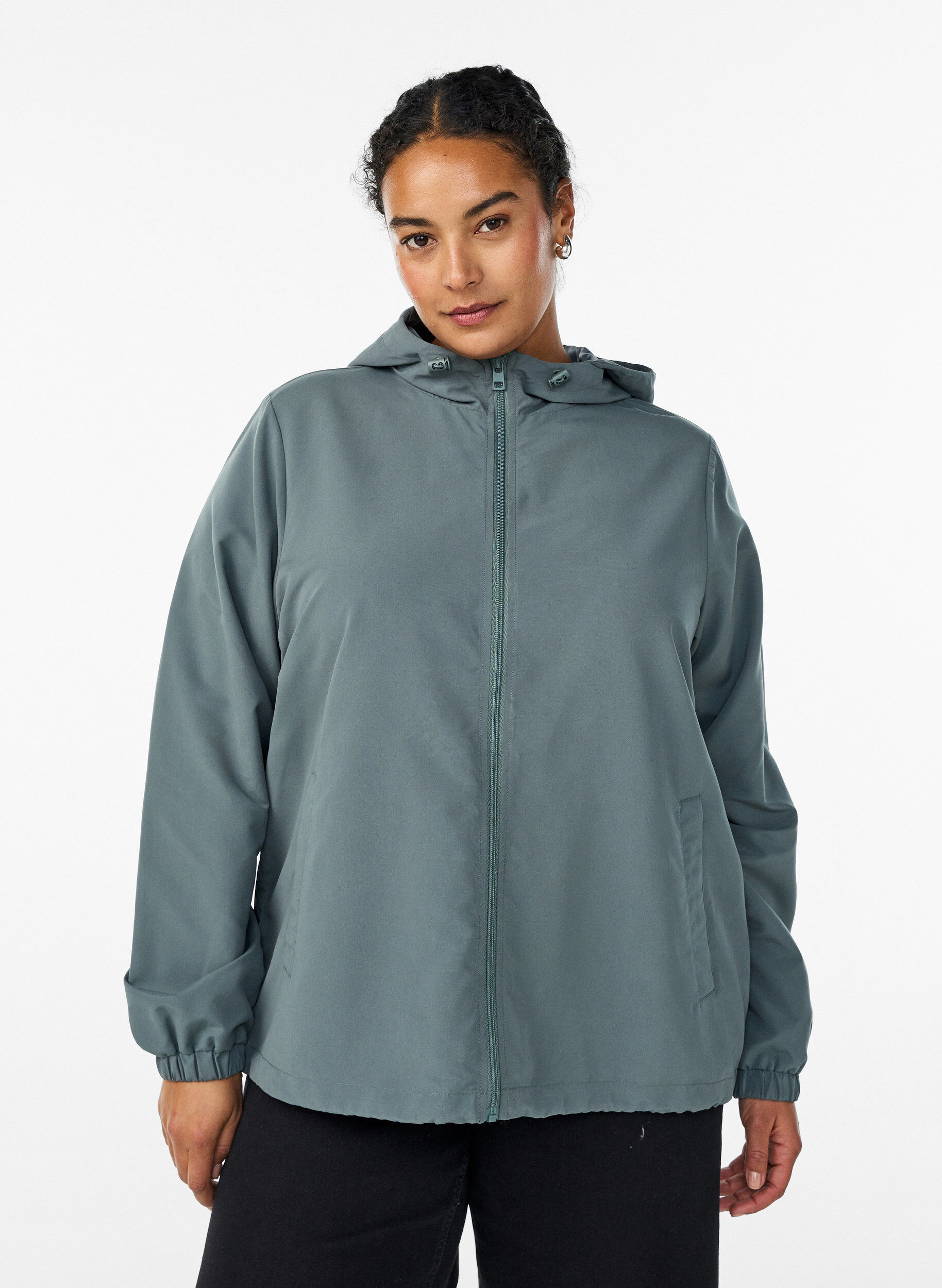 Zizzi Veste l&eacute;g&egrave;re avec capuche et fermeture &eacute;clair, Vert fonc&eacute;, Model image number 0