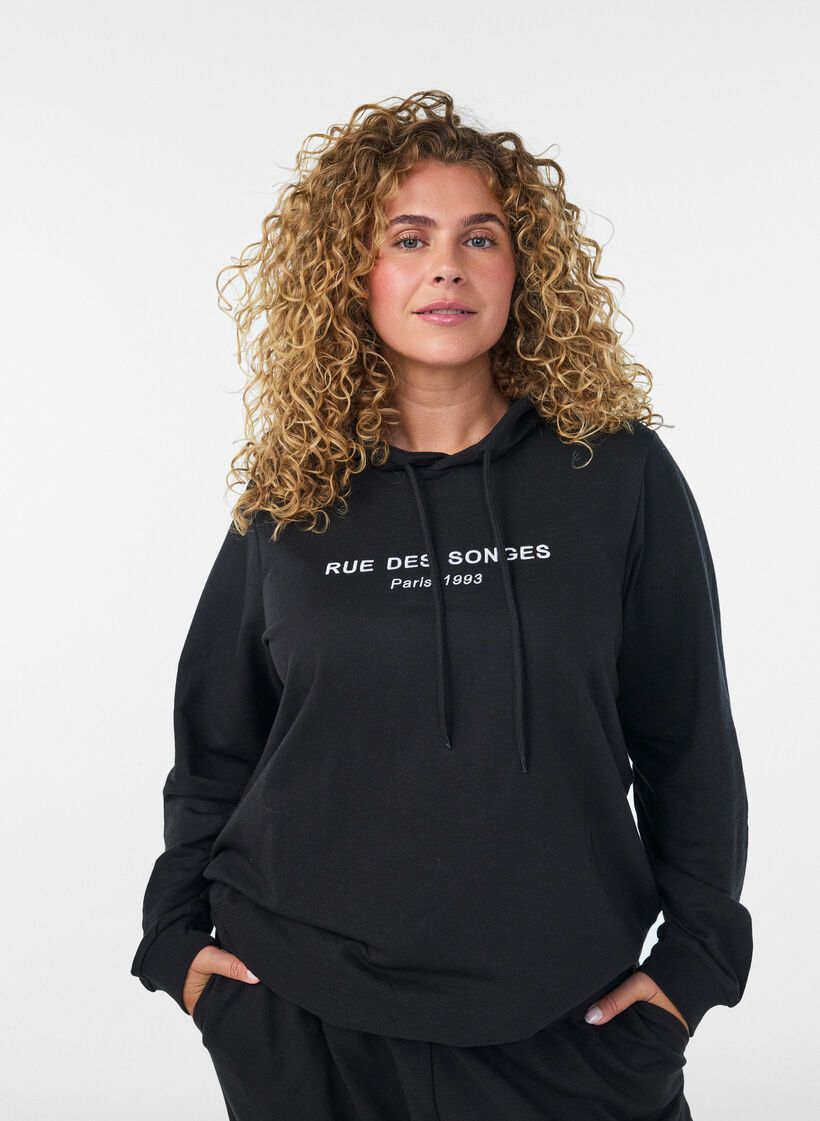 Sweater met capuchon en print, Zwart, Model image number 3