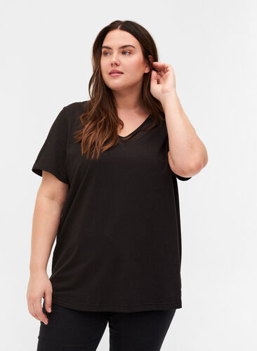 T-shirt à manches courtes avec col en V et résille, Black, Model image number 0