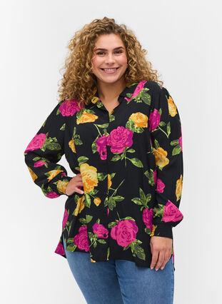 Gebloemde blouse van viscose met smokwerk, Black Flower AOP, Model image number 0