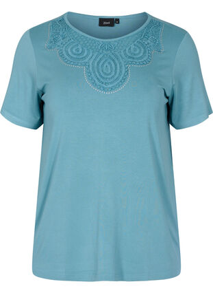 Viscose t-shirt met korte mouwen en kanten details, Smoke Blue, Packshot image number 0