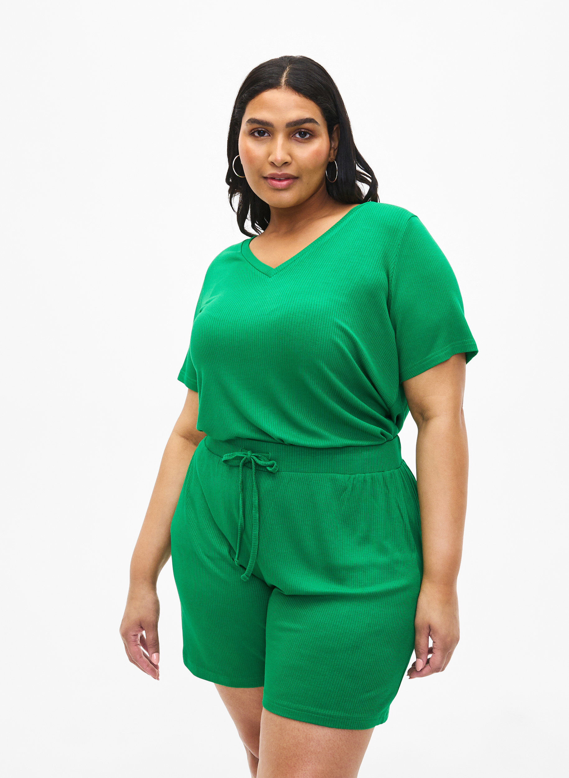 ZizziLosvallende korte broek van viscose met ribbels, Jolly Green, Model image number 0