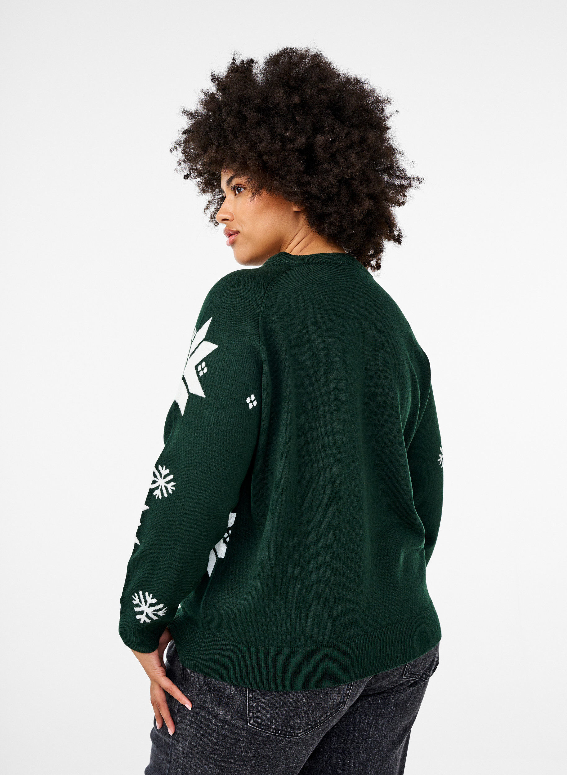 ZizziGebreide trui met sneeuwvlokken, Groen, Model image number 2