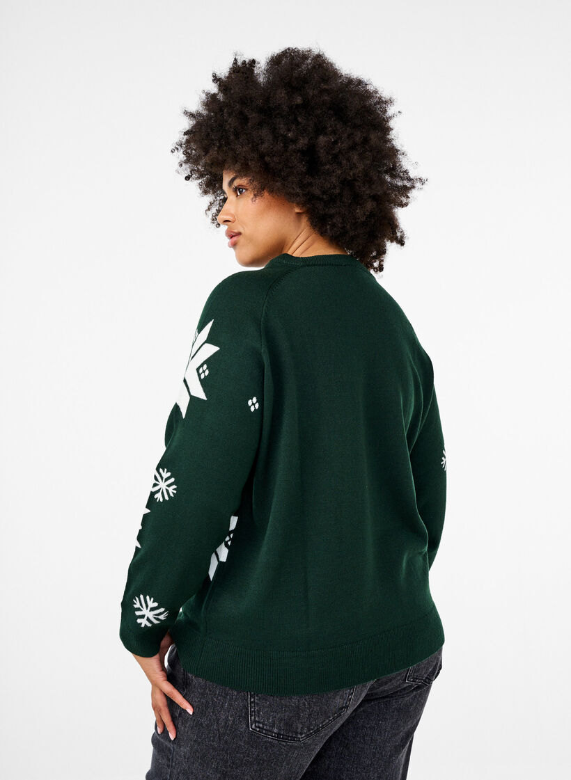 Gebreide trui met sneeuwvlokken, Groen, Model image number 2