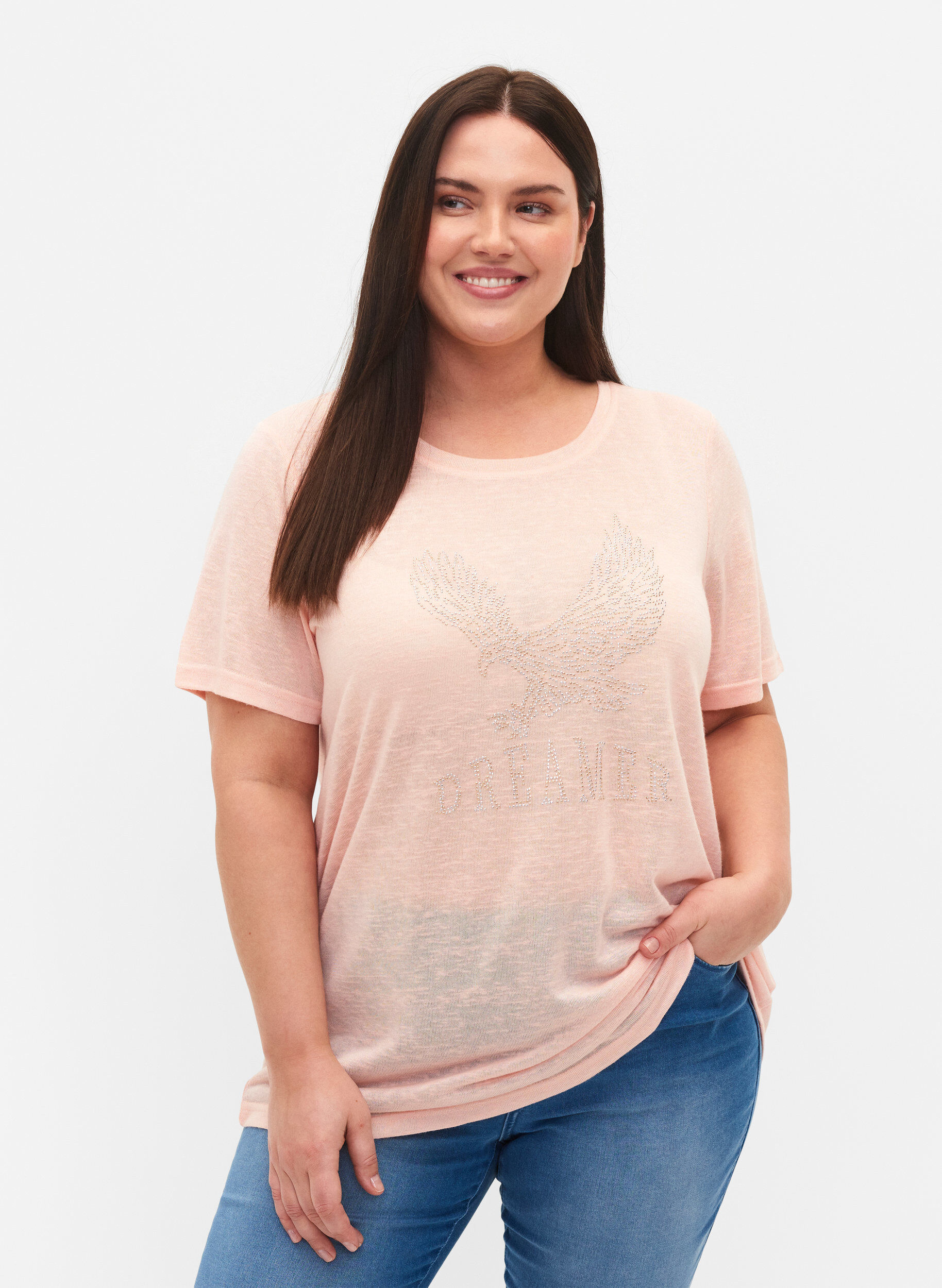 Zizzi T-shirt avec rivets et col rond, Pale Blush, Model image number 0