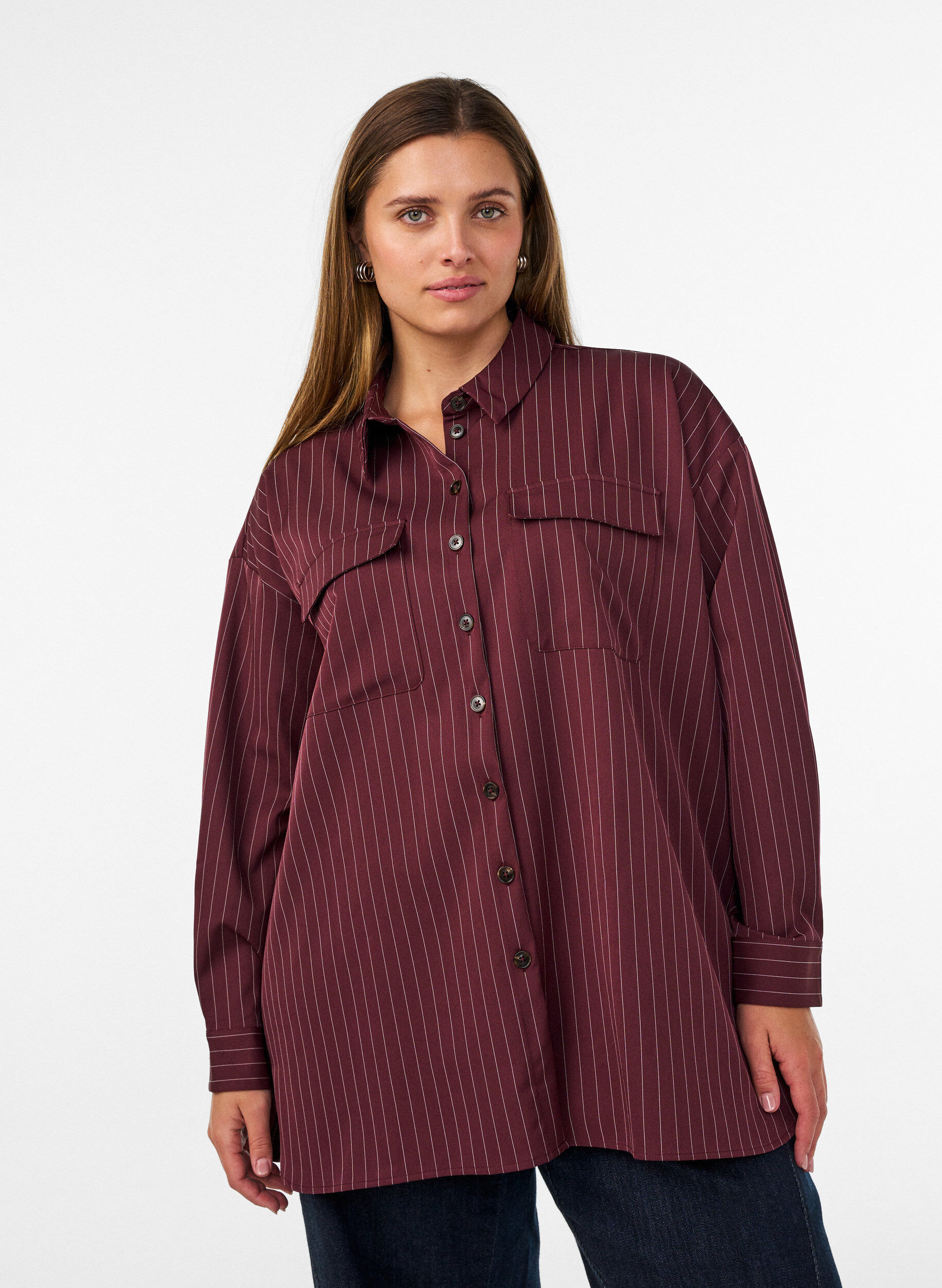 ZizziGestreept overhemd met borstzakken, Rood, Model image number 0