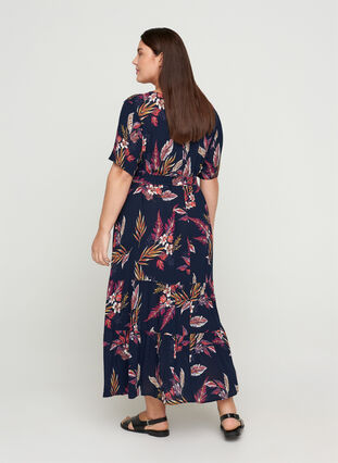 Midi-jurk met korte mouwen in viscose, Indian Summer Flower, Model image number 1