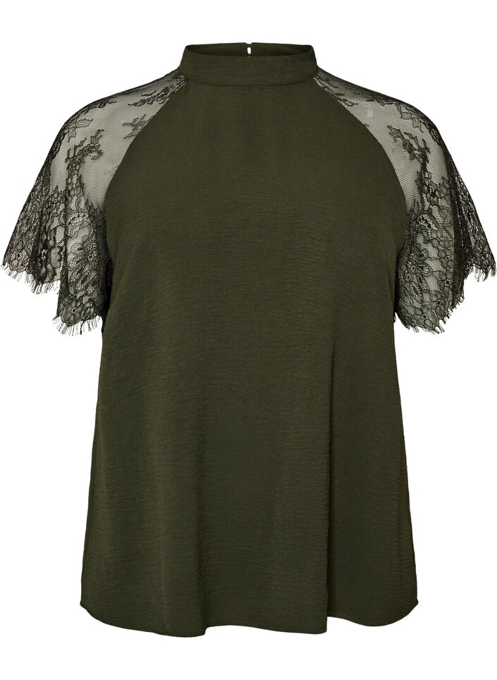 Blouse &agrave; col montant avec manches courtes en dentelle, Vert fonc&eacute;, Packshot image number 0