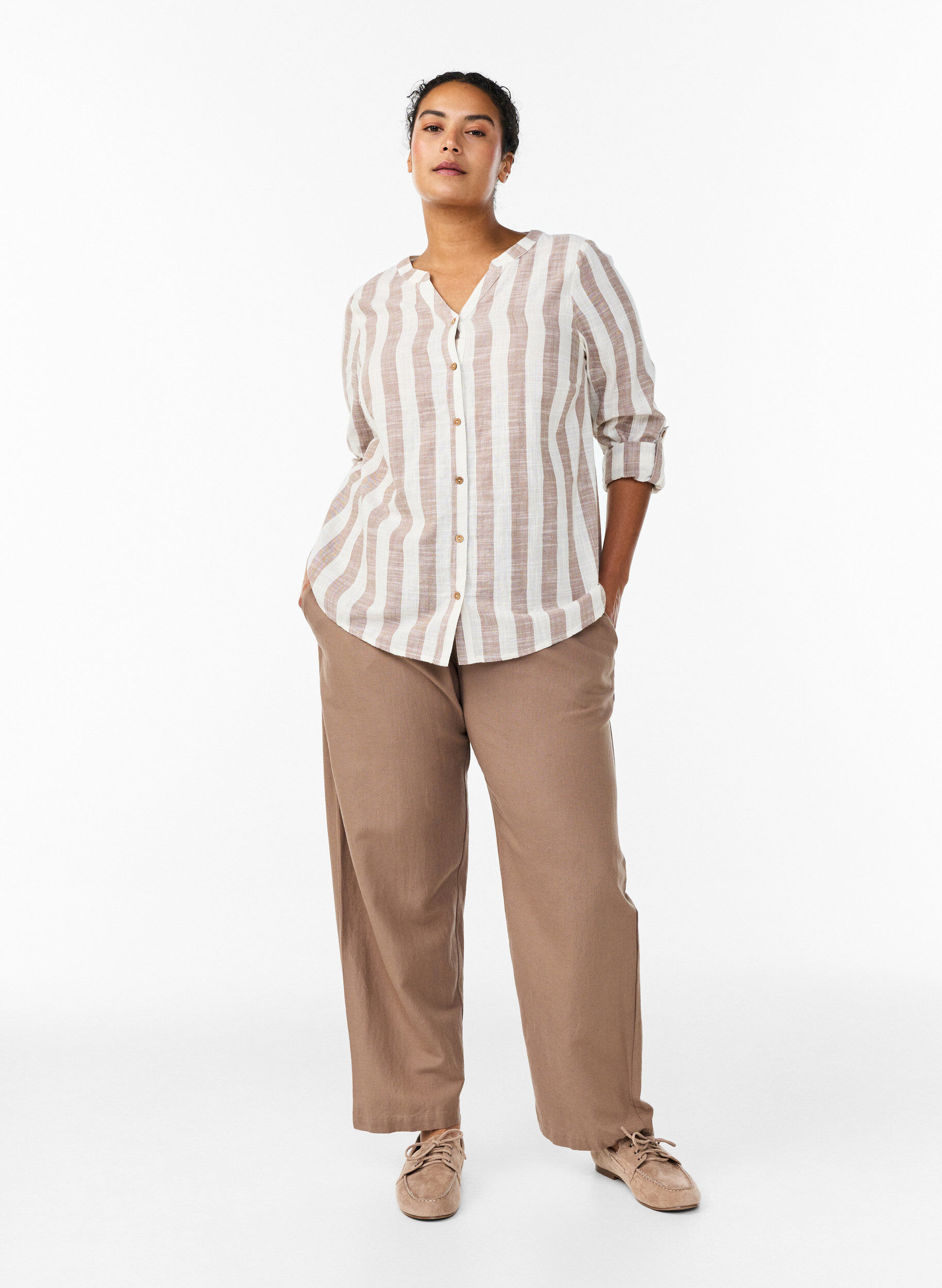 ZizziKatoenen blouse met V-hals, Beige, Model image number 1