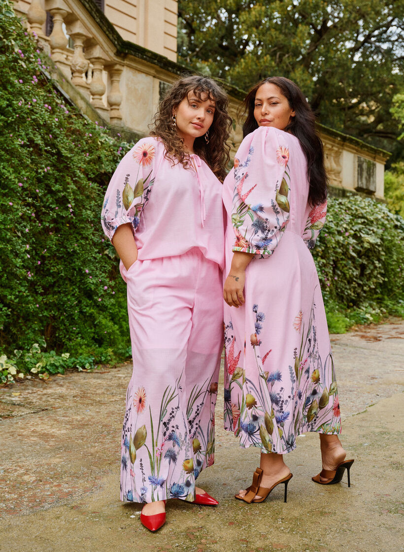 Broek met bloemenprint en wijde pijpen, Roze, Image image number 0