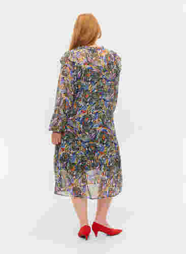 Kleurrijke midi-jurk met smock en lange mouwen, Vibrant Leaf, Model image number 1