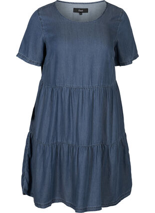 Denim jurk met korte mouwen en plooien, Medium Blue, Packshot image number 0