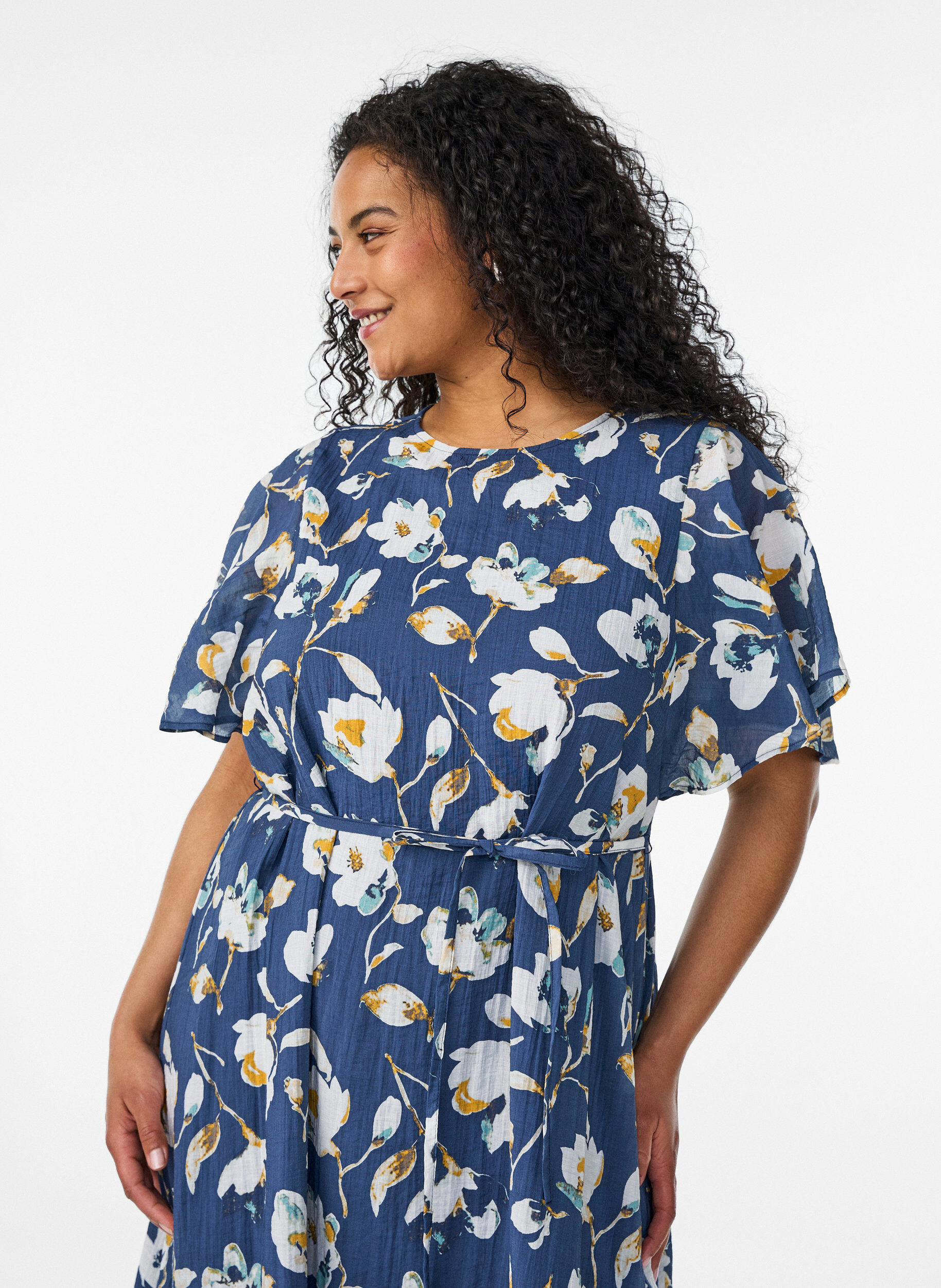 ZizziEnkellange jurk met vlindermouwen en strikceintuur, Blauw, Model image number 2