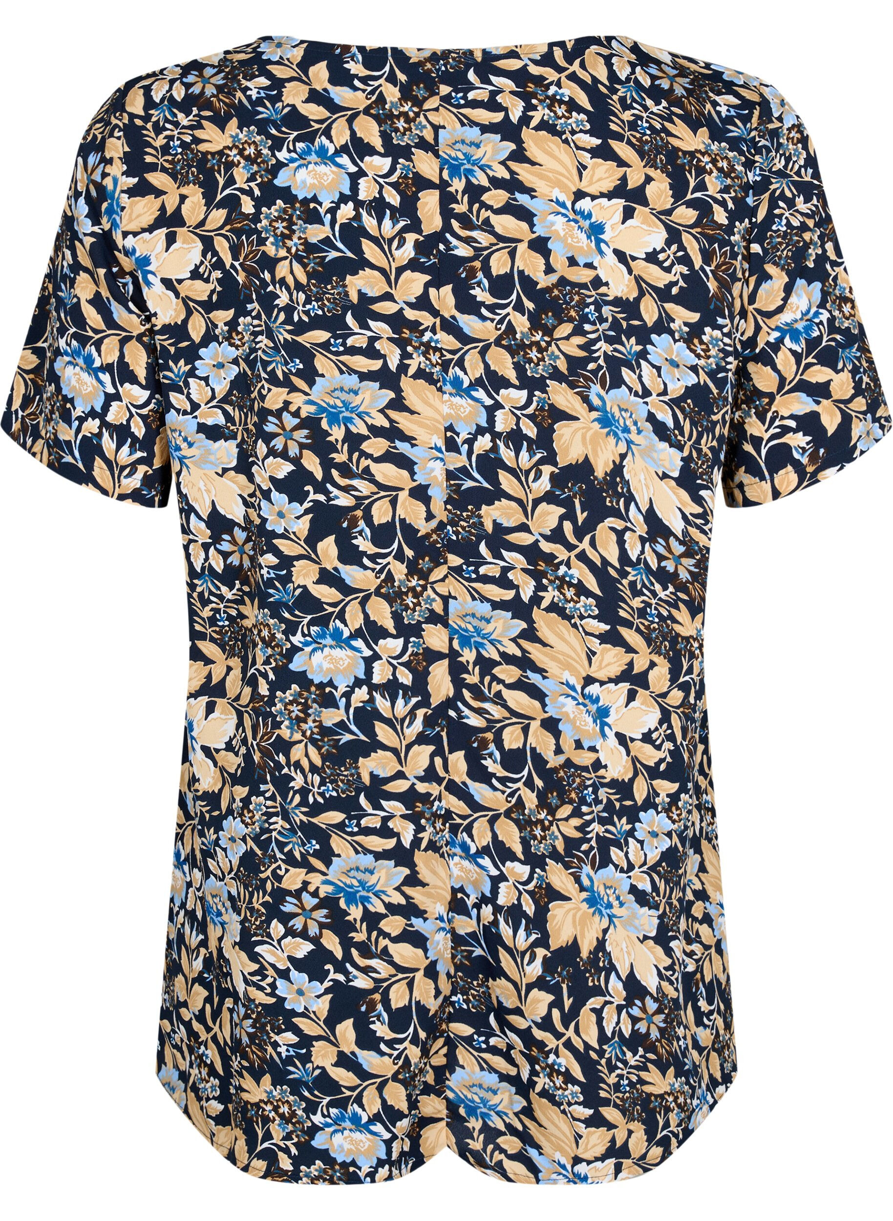 Zizzi	 FLASH - Blouse met korte mouwen en print, Brown Blue Flower, Packshot image number 1