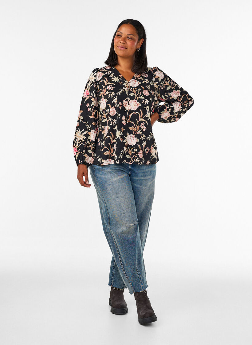 Gebloemde blouse van linnen en viscose met lange mouwen, Zwart, Model image number 1