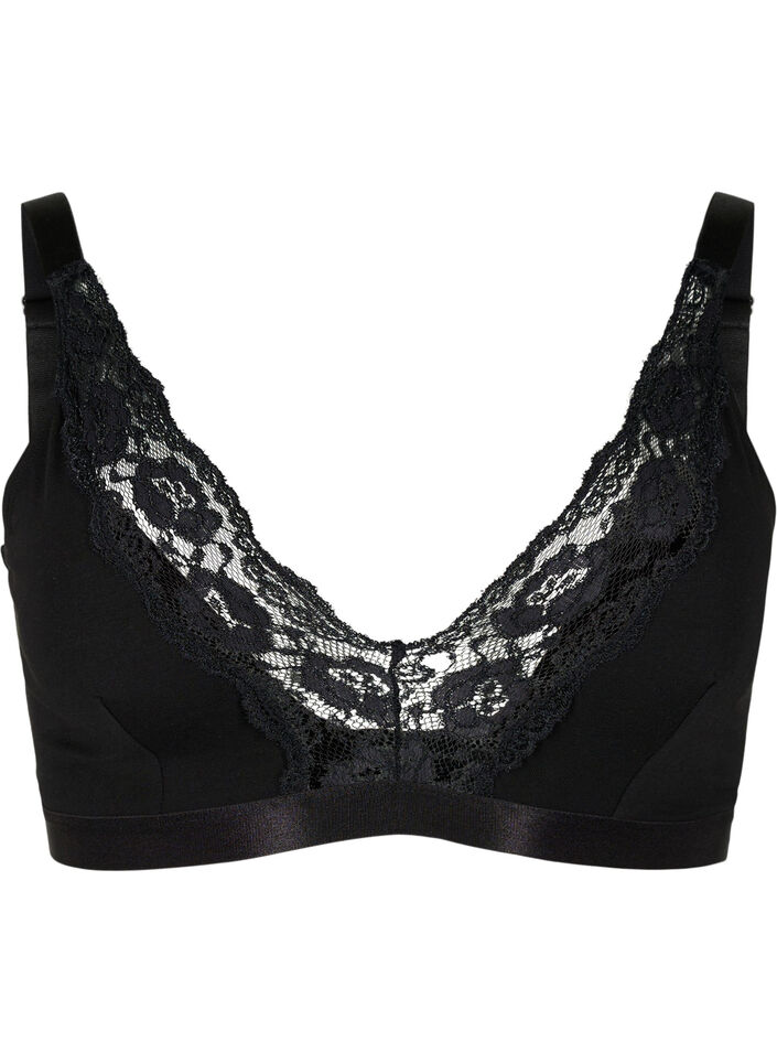 Soutien-gorge sans armature en coton avec dentelle, Noir, Packshot image number 0