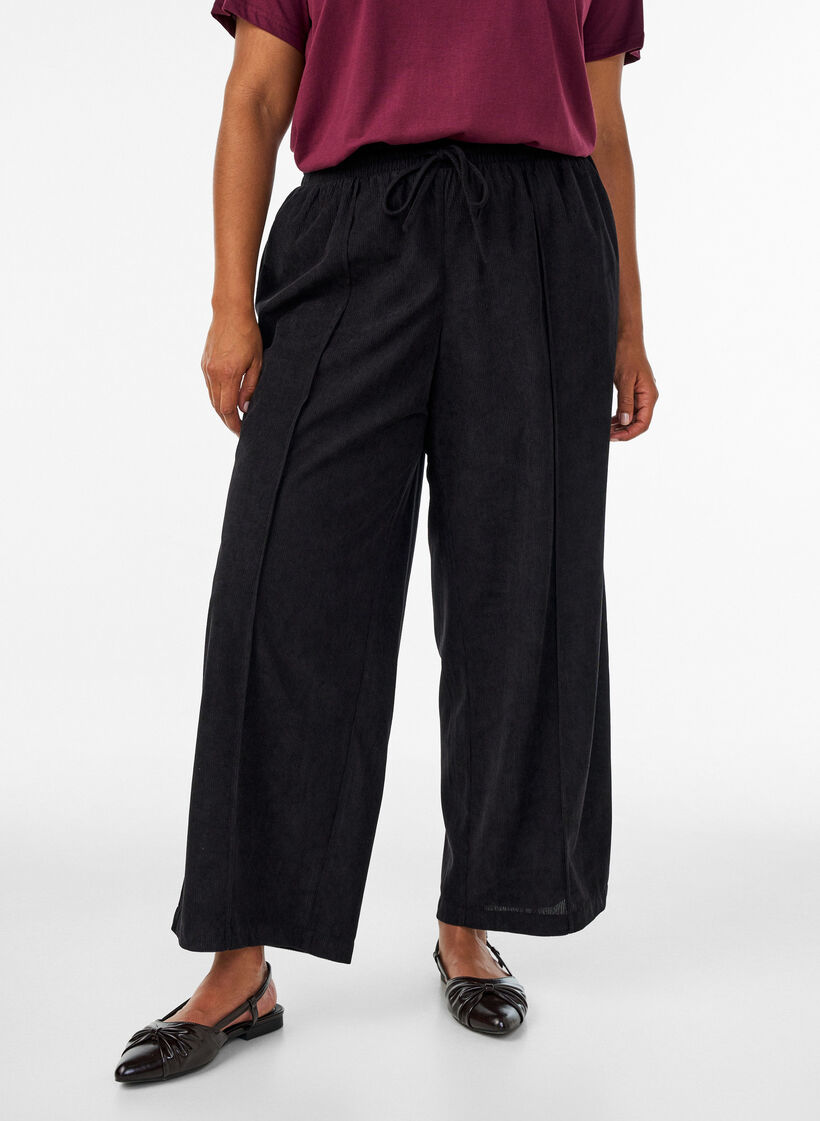 Pantalon en velours c&ocirc;tel&eacute; &agrave; coupe ample et taille haute, Noir, Model image number 2