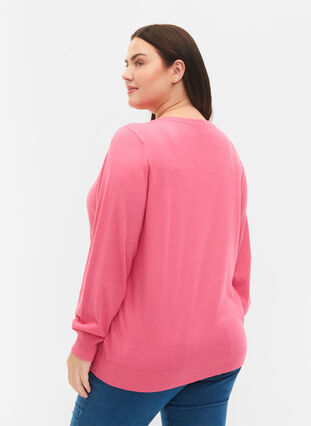 Pull en tricot de couleur unie avec nervures, Hot Pink Mel., Model image number 1