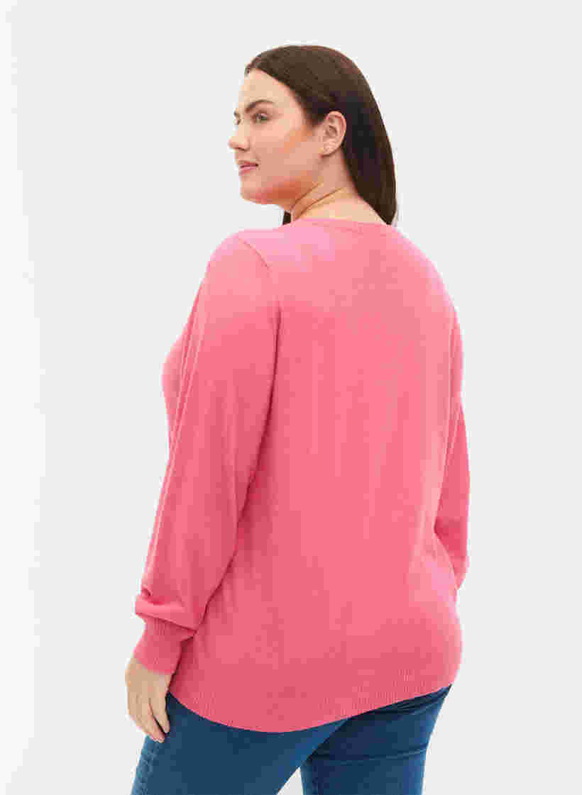 Effen gekleurde gebreide trui met ribdetails, Hot Pink Mel., Model image number 1