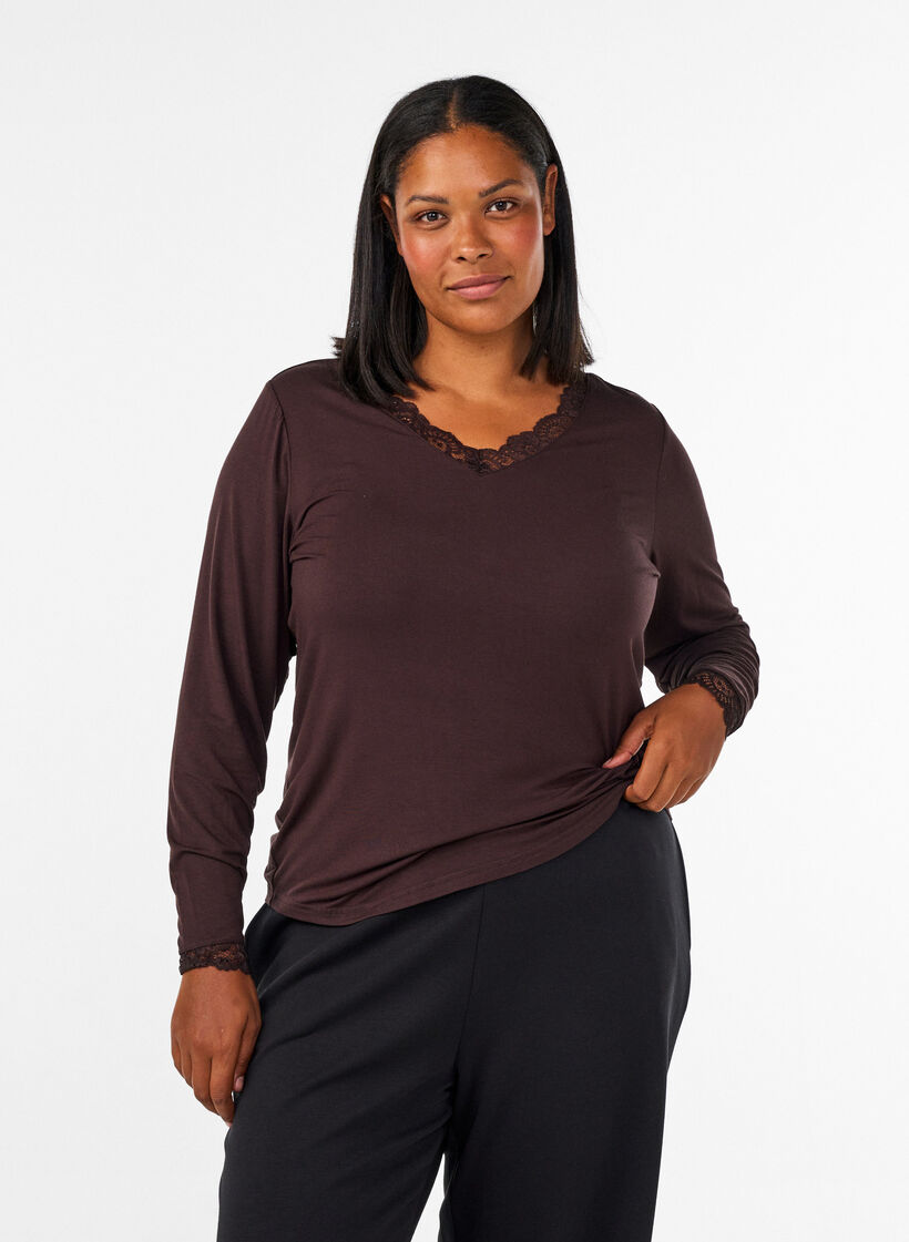 Blouse en viscose avec d&eacute;tails en dentelle et col en V, Marron, Model image number 0