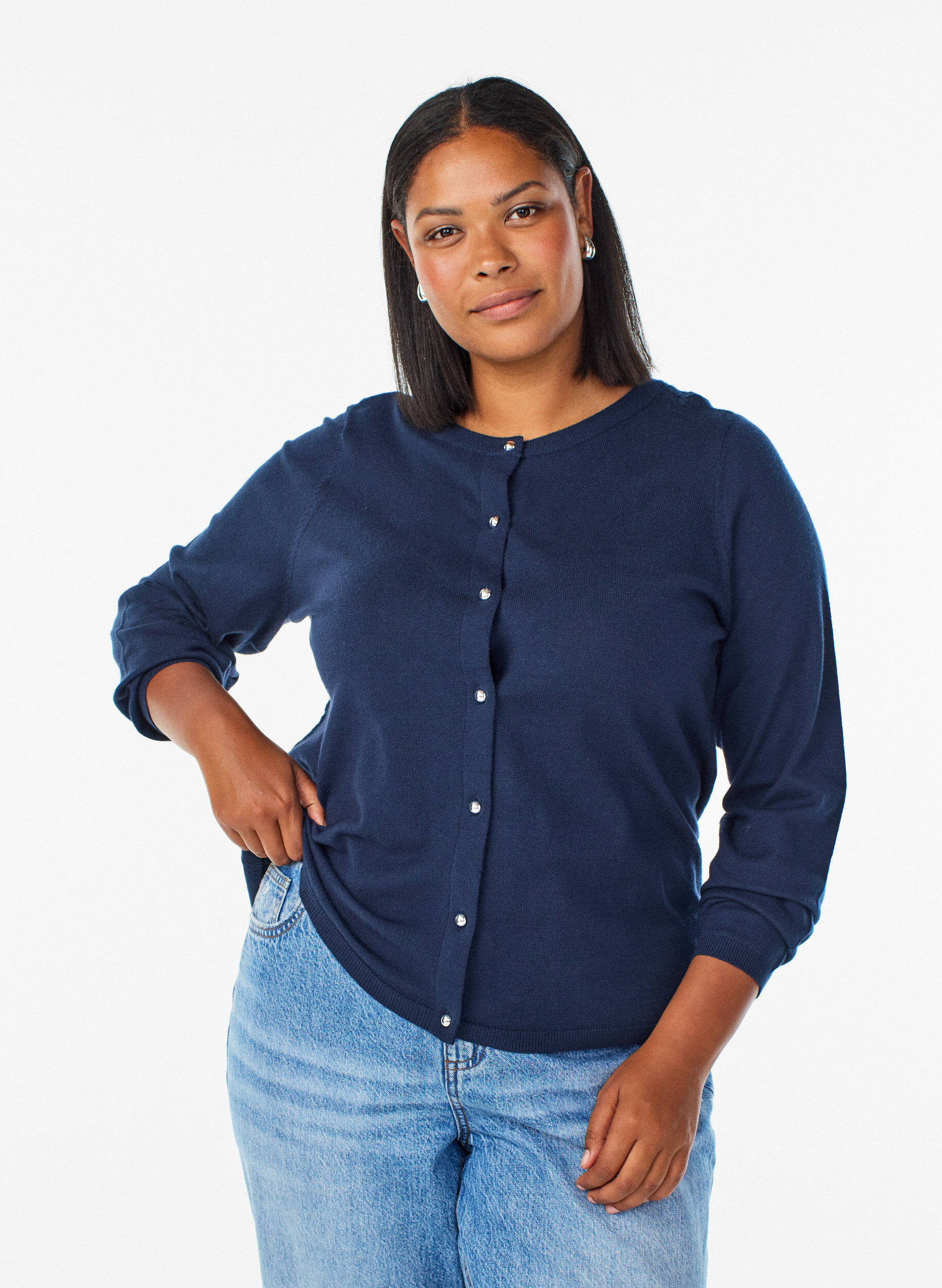 Cardigan &agrave; boutons ronds, Bleu, Model