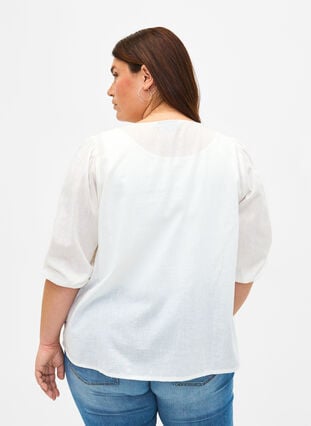 Katoenen blouse met 3/4 mouwen in een katoenmix met linnen, Bright White, Model image number 1