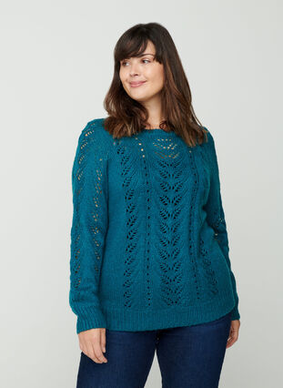 Gebreide blouse met vrouwelijk patroon, Blue Coral, Model image number 0