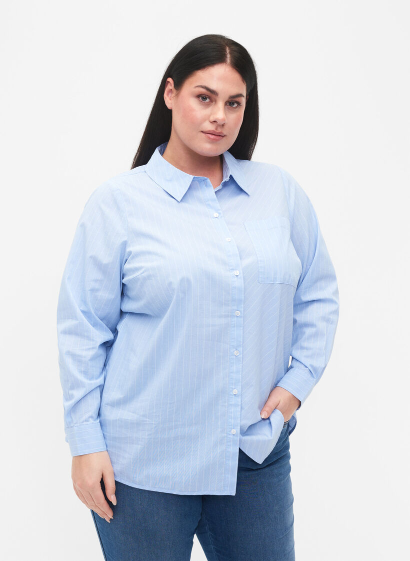 Chemise en coton mélangé, Blue w. White Stripe, Model image number 0
