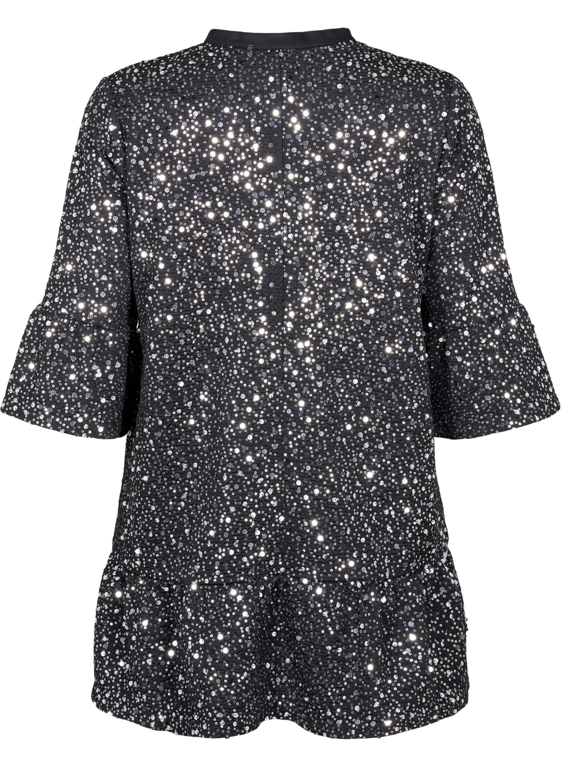 ZizziPaillettenjurk met V-hals en 3/4 mouwen, Black w. Sequins, Packshot image number 1