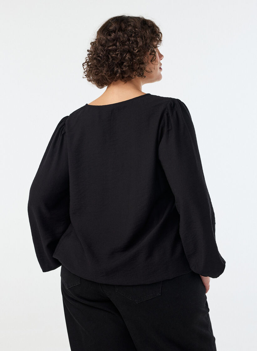Viscose blouse met V-hals en ballonvormig silhouet, Zwart, Model image number 2